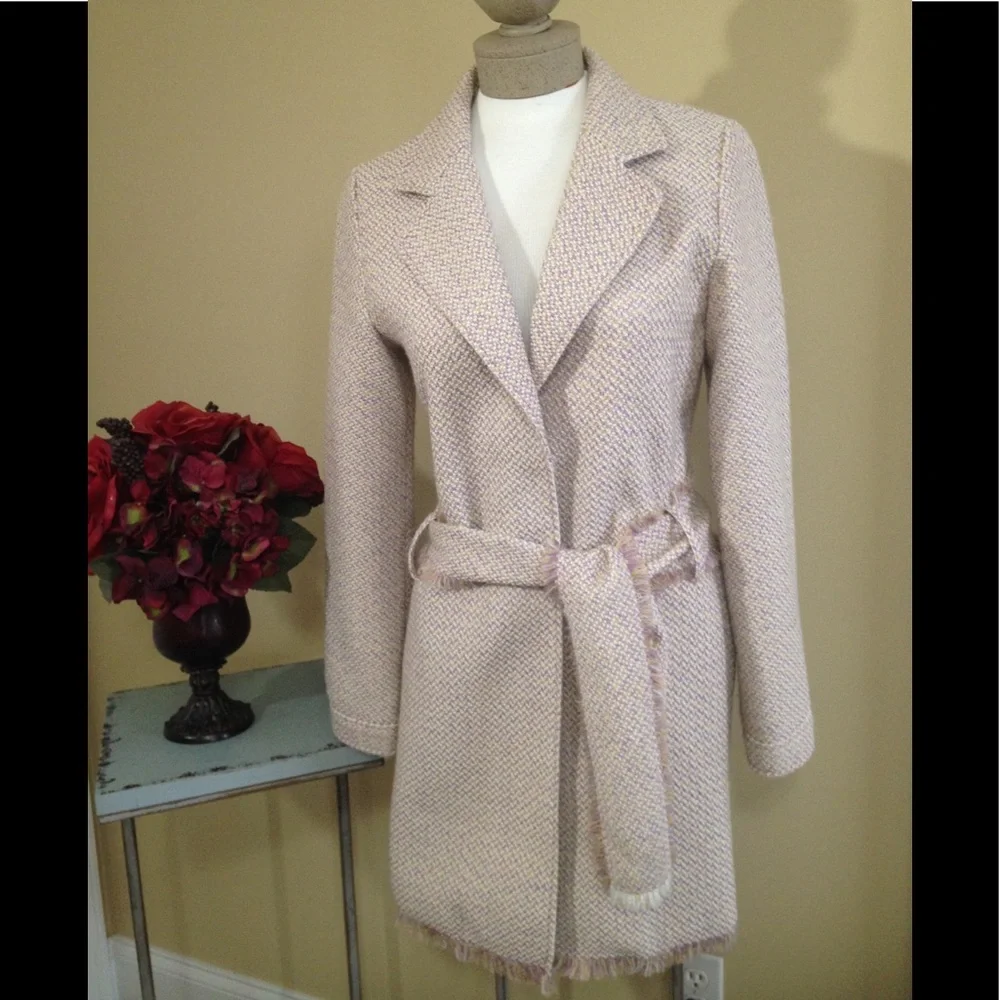 NEW Tulle Coat Lined Lightweight Lavender Accents Fringed Belt Wool Blend Medium - Picture 1 of 9